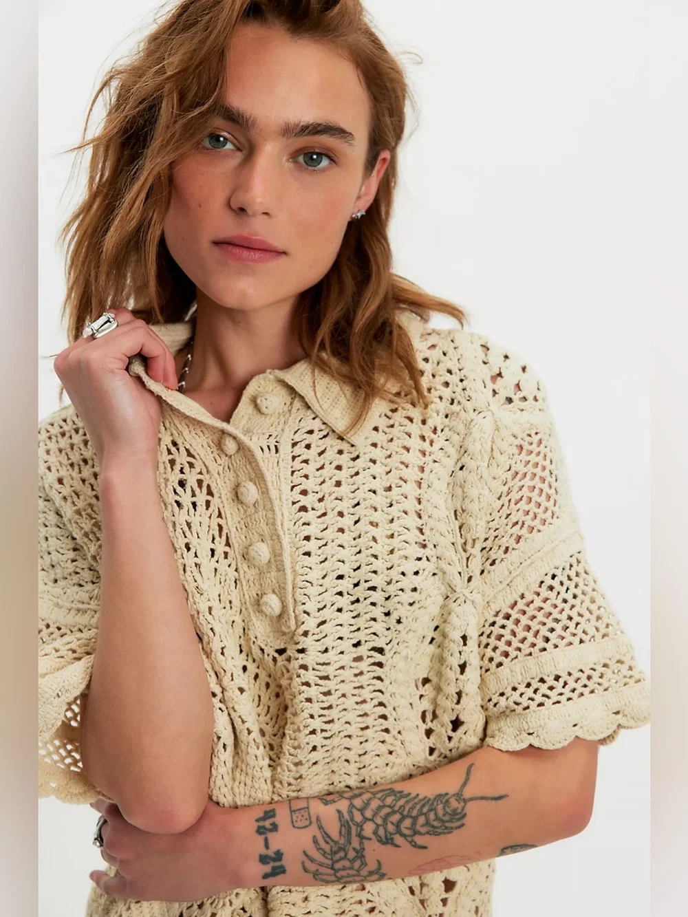 NWT Free People Dahlia Crochet Polo Shirt